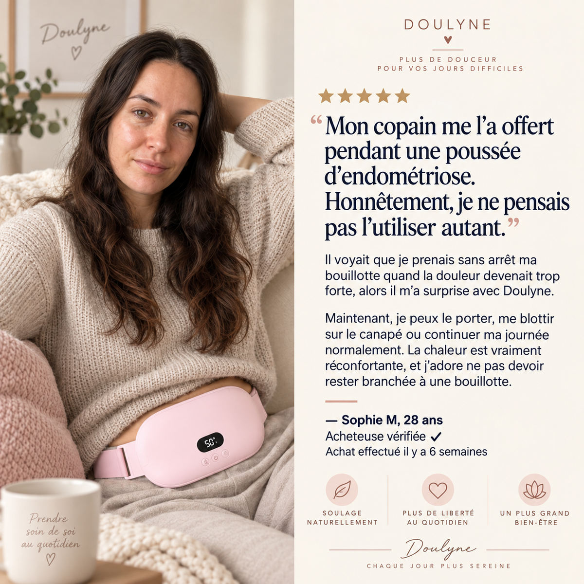 Doulyne™ — Fascia riscaldante intelligente per il comfort mestruale